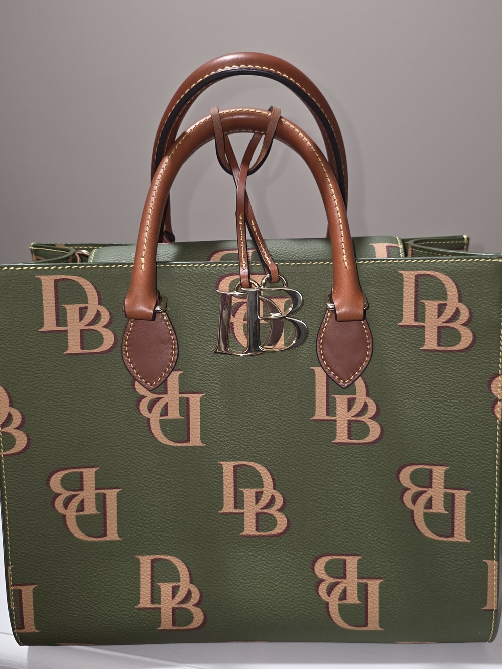 Green Monogram Leather Tote with Brown Handles